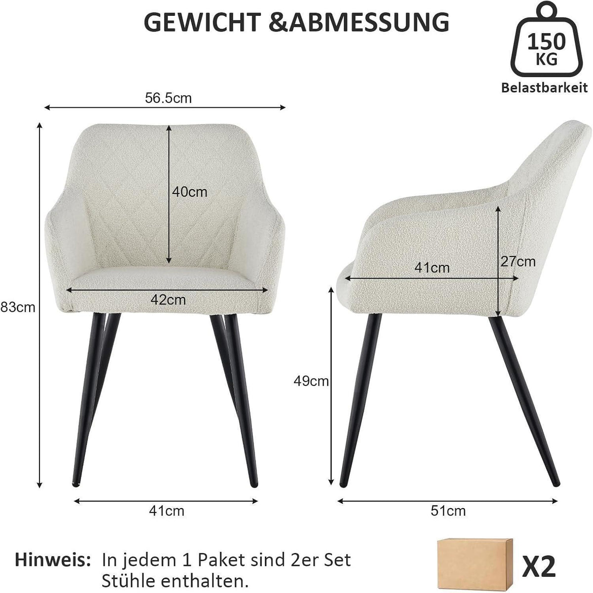 CLIPOP Esszimmerstühle 6er Set Teddy Bouclé Nebelweiß