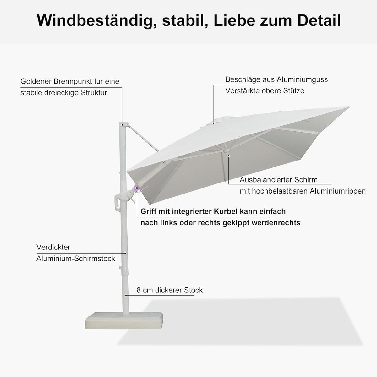 Sonnen- & Gartenschirm 350x250cm Weiß Alurahmen Twist-Kurbel