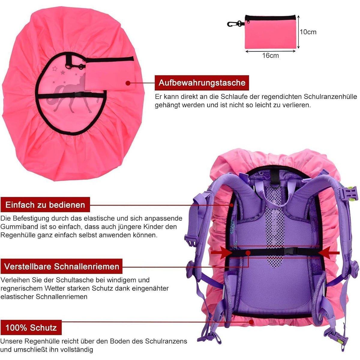 Kinder Regenhülle für Schulranzen, wasserdicht, reflektierend, Rosa