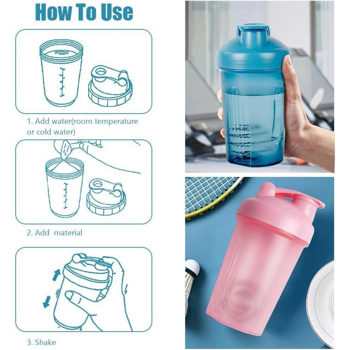 Protein Shaker 500ml mit Messskala, BPA Frei, Blau+Rosa