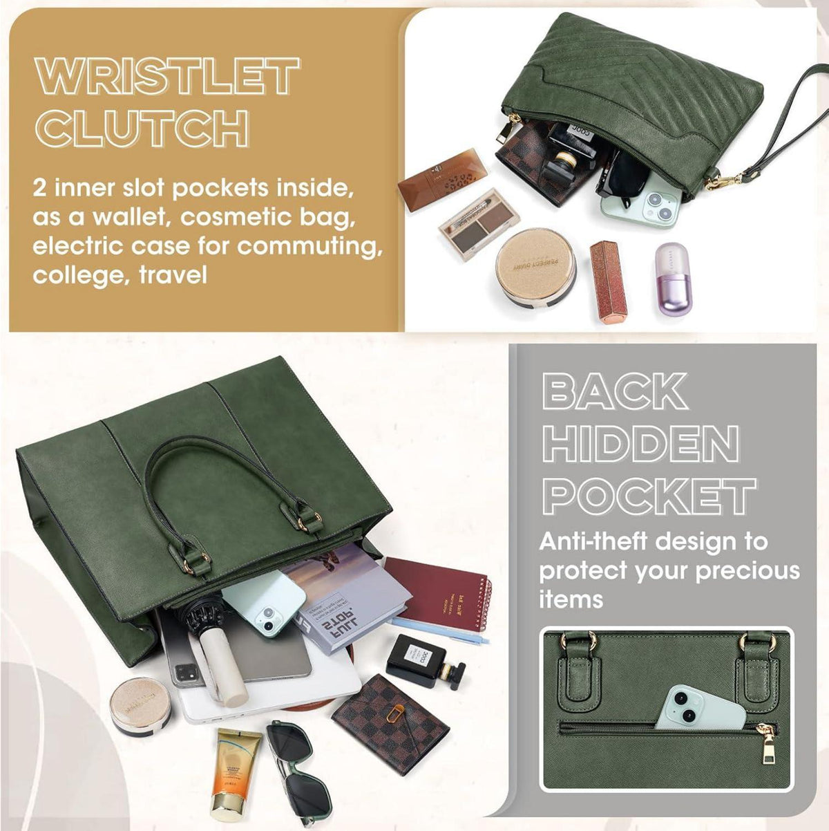 Handtasche Damen 15,6 Zoll Shopper Groß Arbeitstasche Tote Clutch PU Leder Laptoptasche