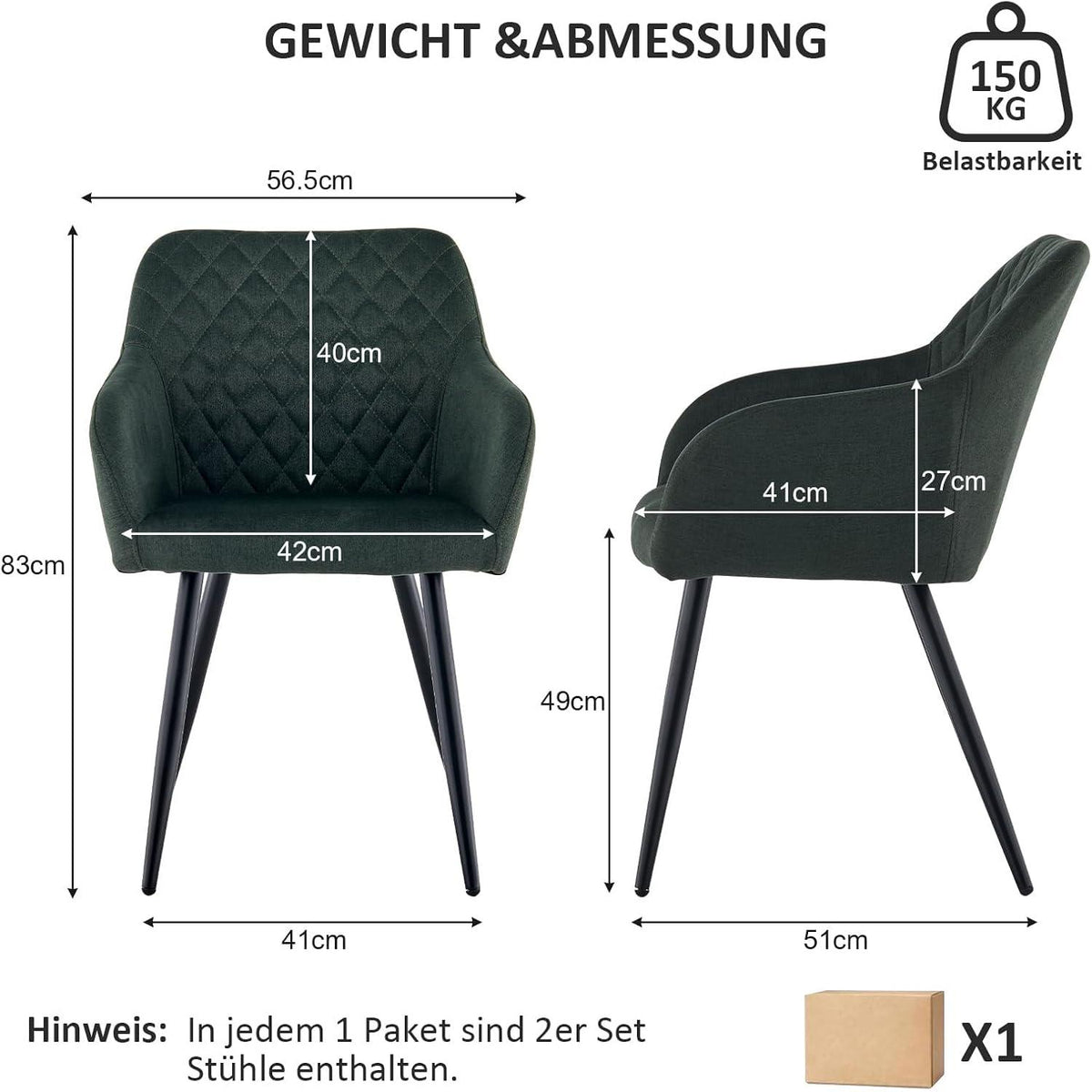 6er Set Esszimmerstühle Leinen Bezug Armlehne Metallbeine Waldgrün