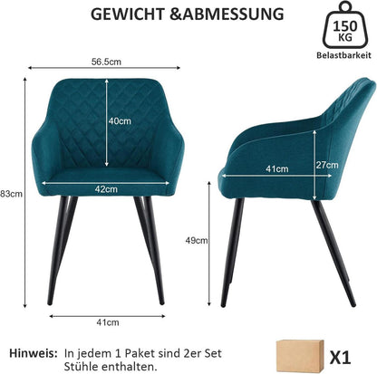 Esszimmerstühle 2er Set Leinen Bezug Armlehne Metallbeine Petrolblau