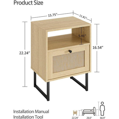 Boho Nachttisch aus Rattan mit Eichenregal und Schublade