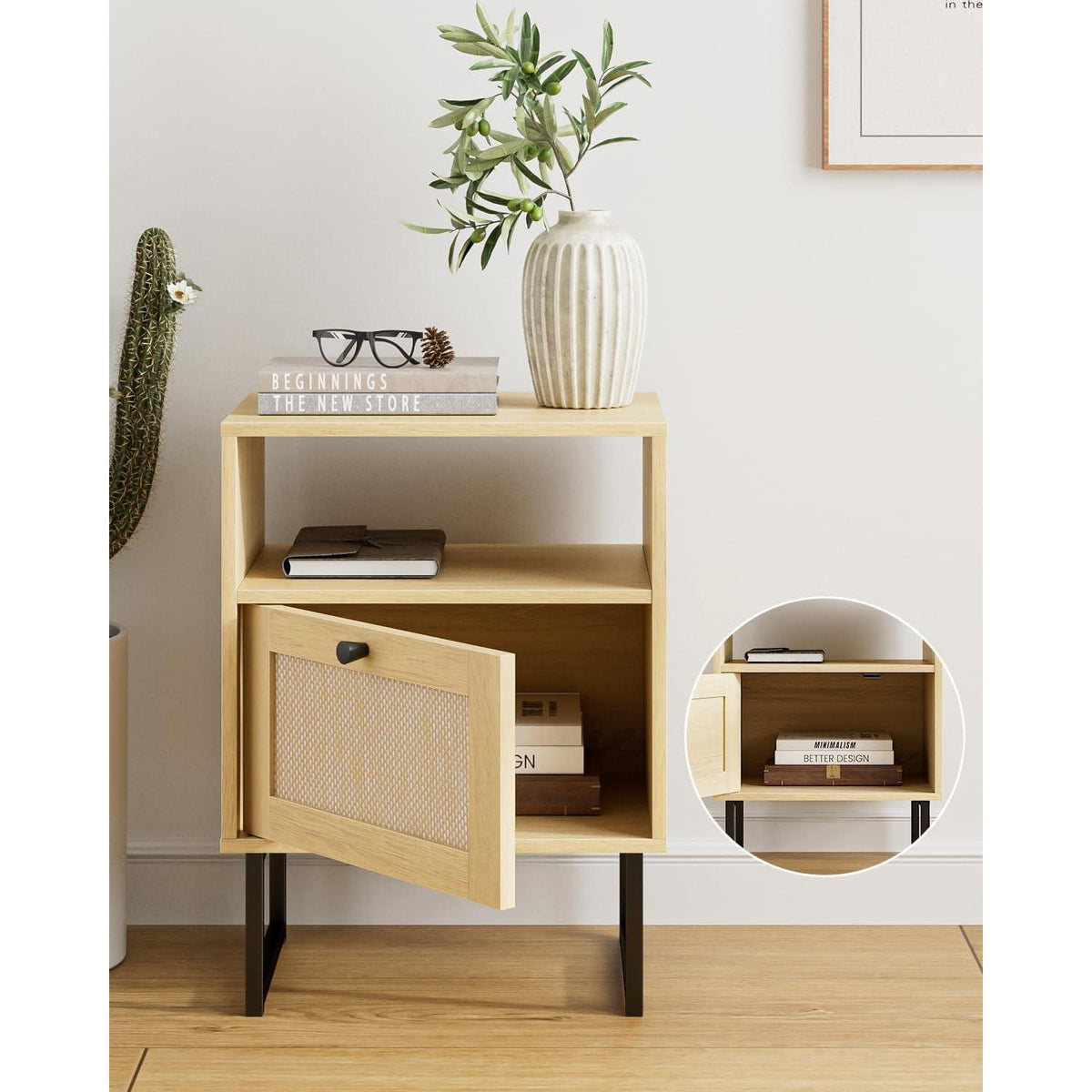 Boho Nachttisch aus Rattan mit Eichenregal und Schublade