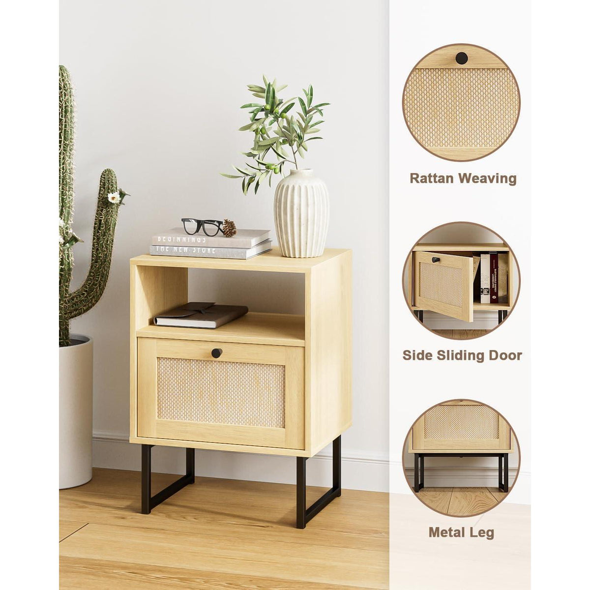 Boho Nachttisch aus Rattan mit Eichenregal und Schublade
