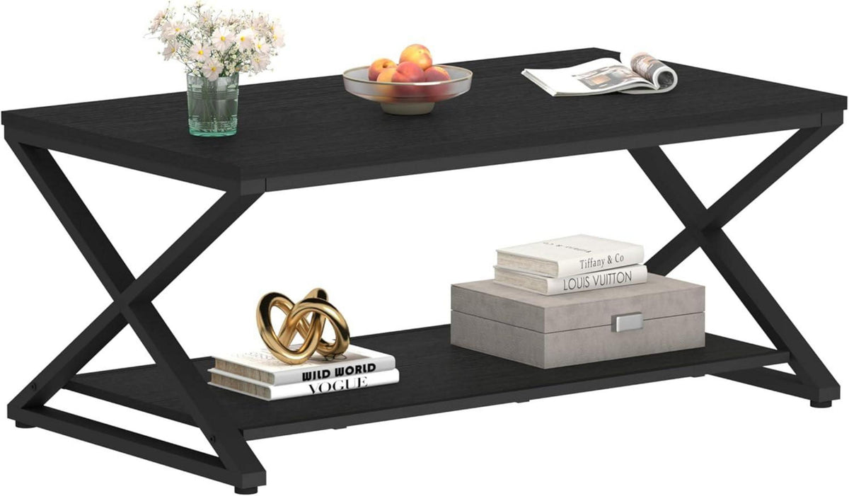 Kleiner Couchtisch Schwarz Holz Metall Stauraum Beistelltisch 100x60cm
