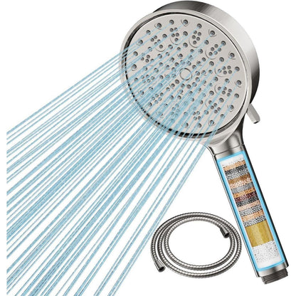 Duschkopf mit Filter, 6 Strahlarten, Hochdruck Handbrause, Wassersparend, Gebürstetes Nickel