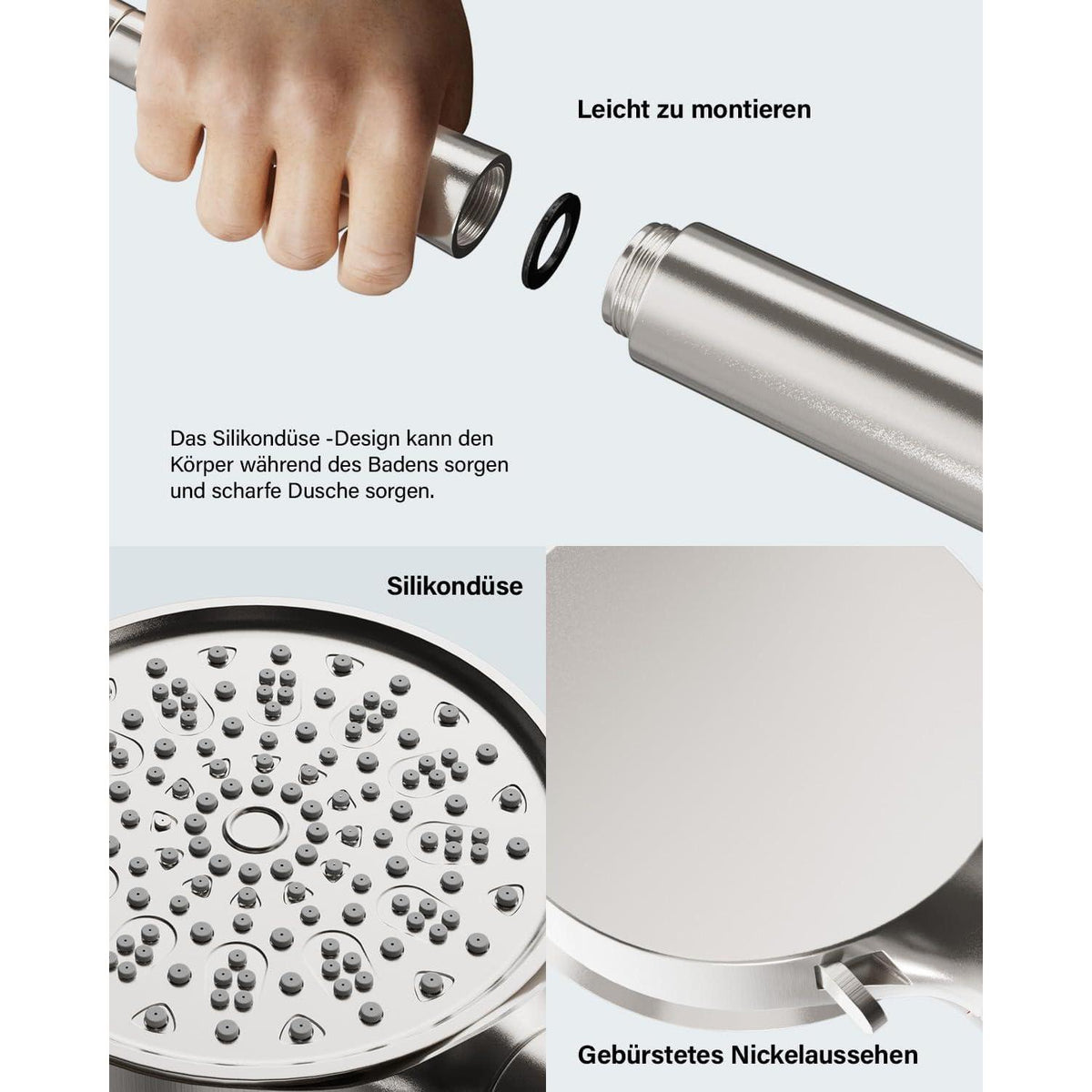 Duschkopf mit Filter, 6 Strahlarten, Hochdruck Handbrause, Wassersparend, Gebürstetes Nickel