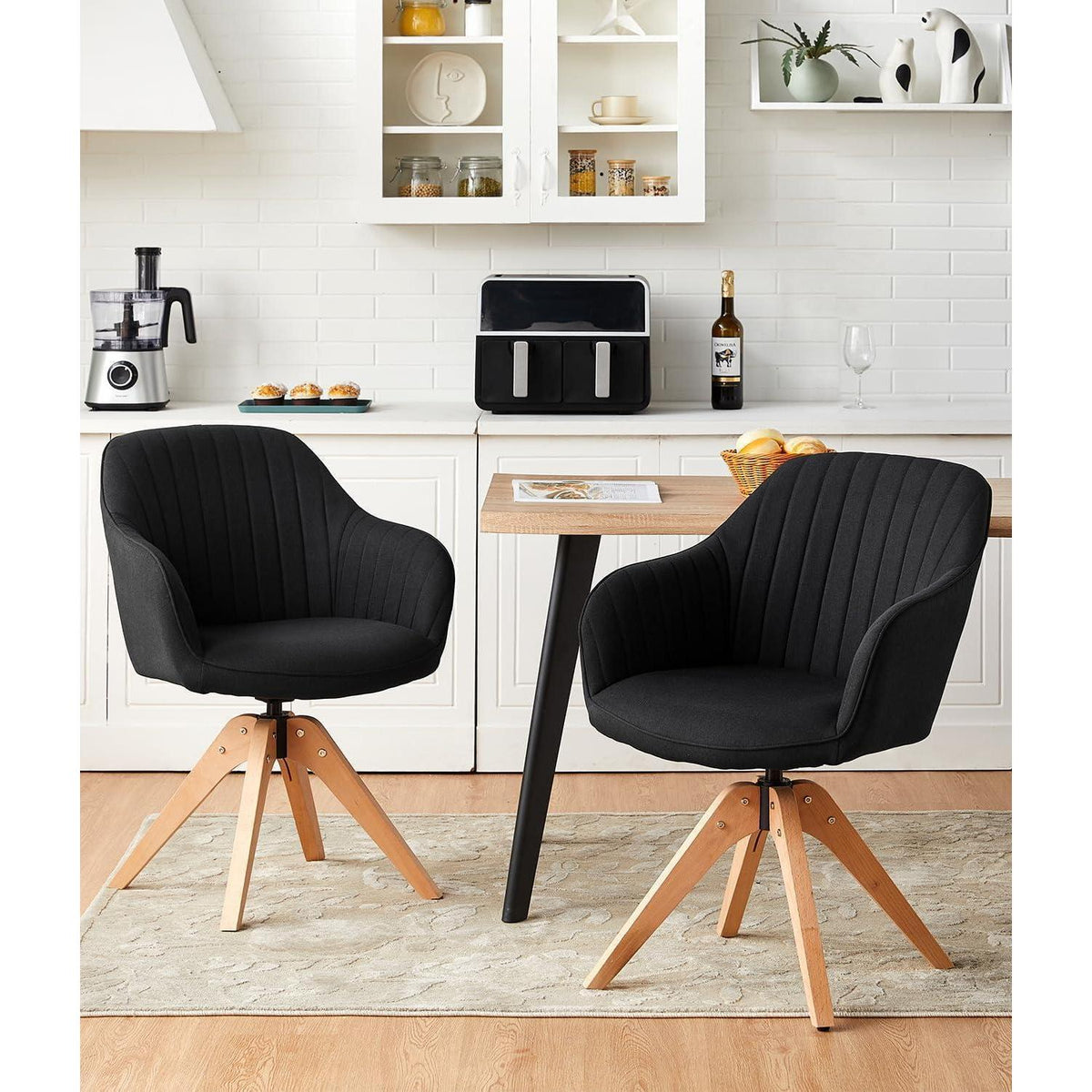 Drehbare Esszimmerstühle Set 2 | Leinen, Massivholz, Komfort