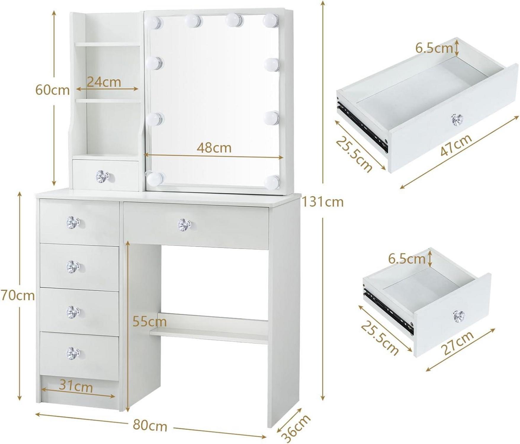 Schminktisch mit LED Beleuchtung und Hocker 6 Schubladen