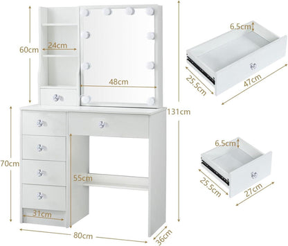 Schminktisch mit LED Beleuchtung und Hocker 6 Schubladen