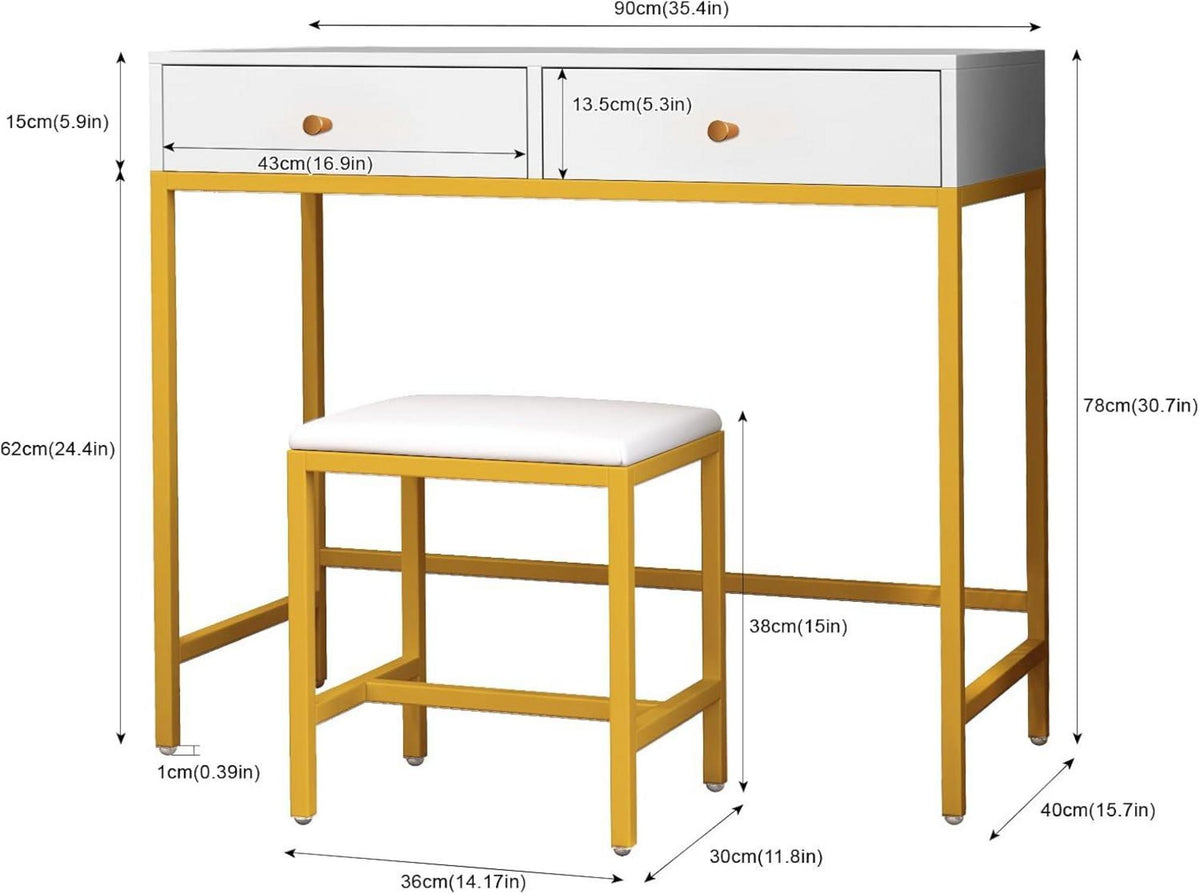 Weißer Schminktisch mit Hocker, 2 Schubladen, Metallbeine - 90x40x78cm