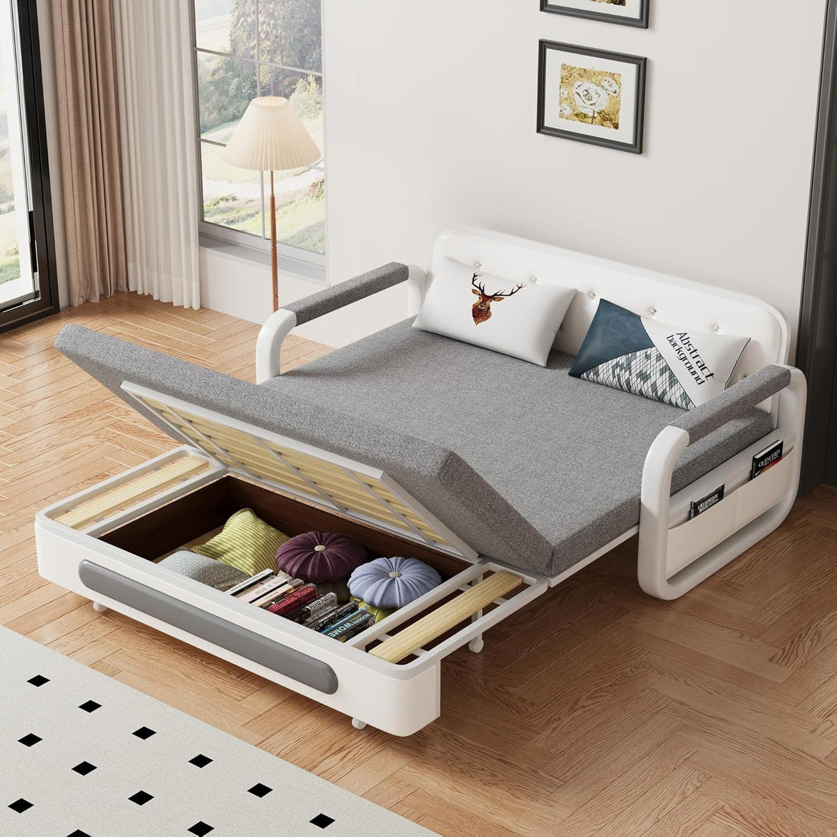 Ausziehbares Schlafsofa mit Stauraum – Dunkelgrau/Weiß (128cm)