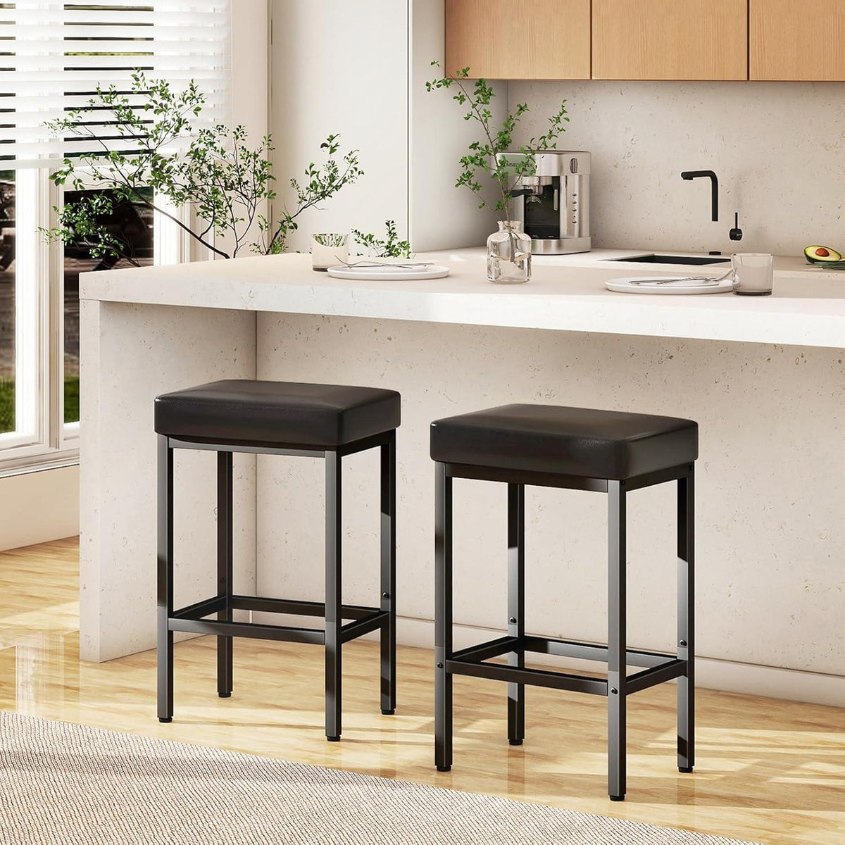 Barhocker 2er Set Schwarz – 66cm Küchentisch Hocker in Lederoptik