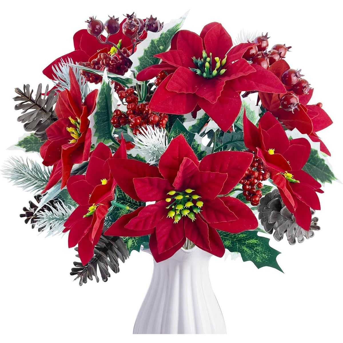 Künstliche Weihnachtssterne 4er Set mit Tannenzweigen & Beeren