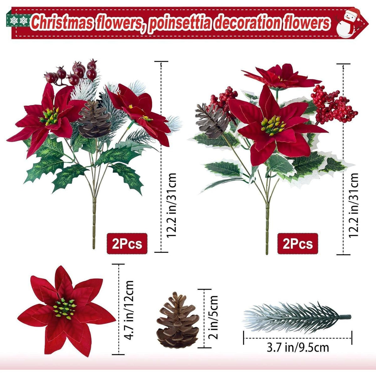 Künstliche Weihnachtssterne 4er Set mit Tannenzweigen & Beeren