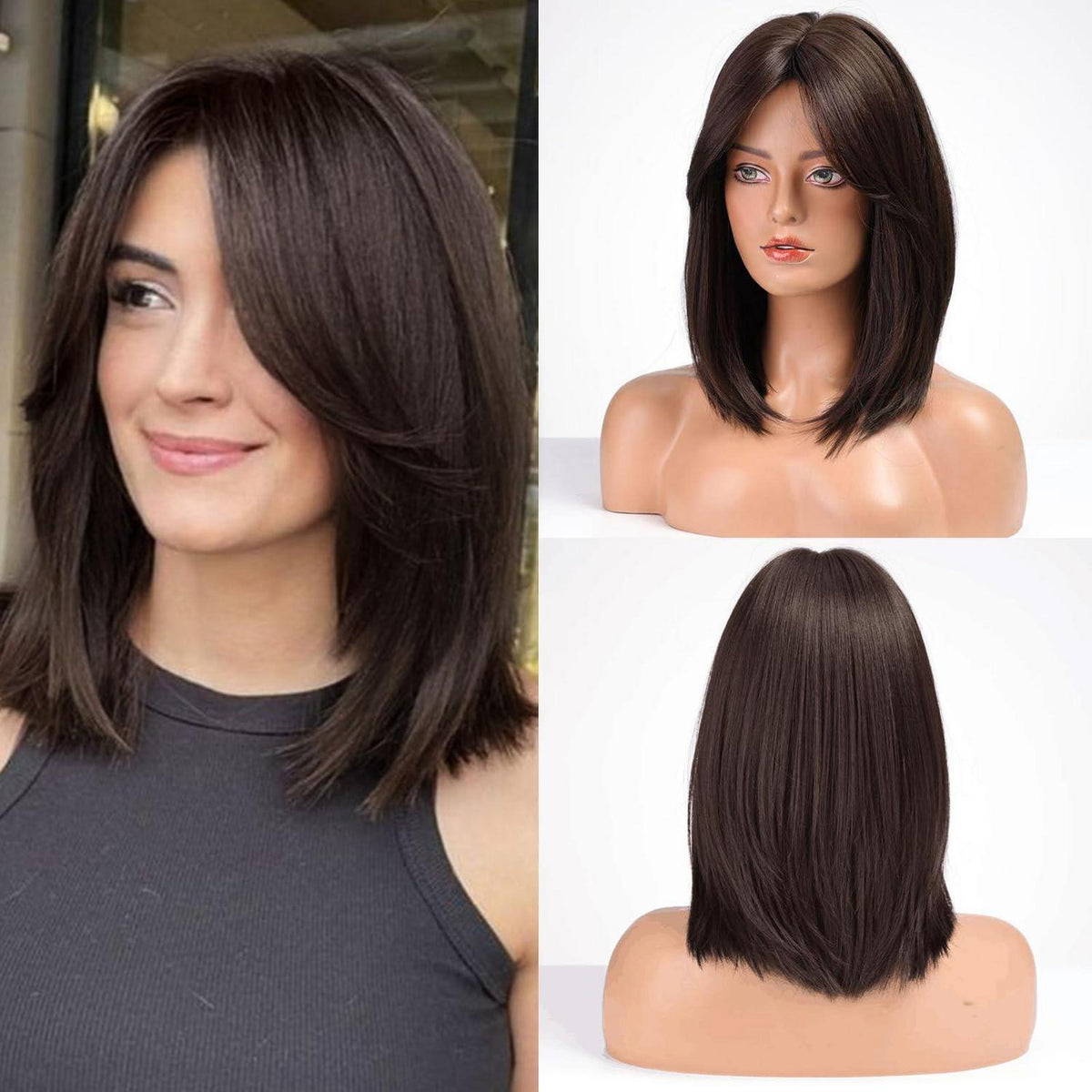 Dunkelbraune Damen Perücke mit Pony – 16 Zoll Welle