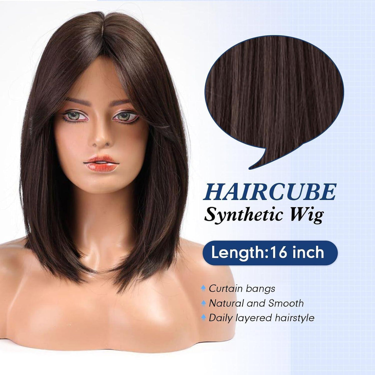 Dunkelbraune Damen Perücke mit Pony – 16 Zoll Welle