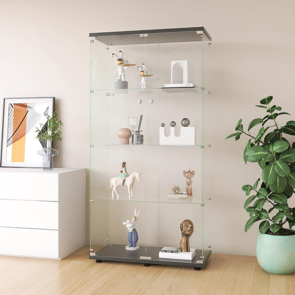 Glasvitrine Schwarz 4 Etagen | Moderne Regalkabine für Wohnzimmer