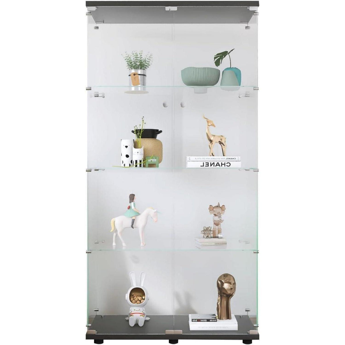 Glasvitrine Schwarz 4 Etagen | Moderne Regalkabine für Wohnzimmer
