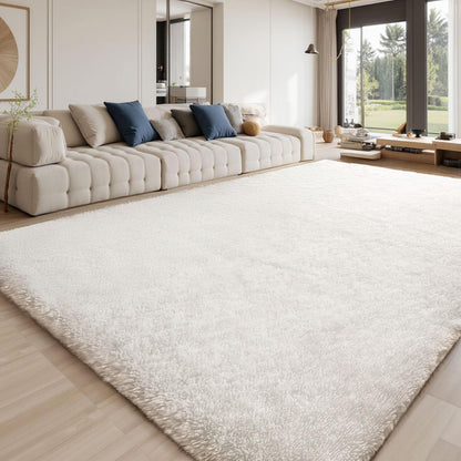 Hochflor Teppich Elfenbeinweiß 160x230 – Flauschiger Wohnzimmerteppich