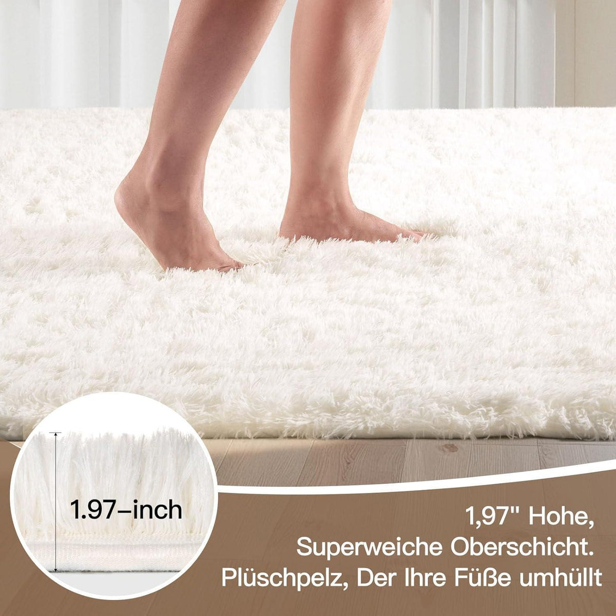 Hochflor Teppich Elfenbeinweiß 160x230 – Flauschiger Wohnzimmerteppich