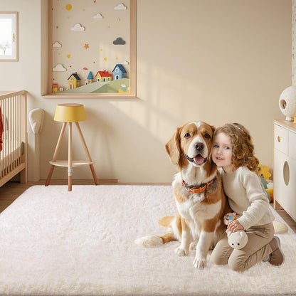 Hochflor Teppich Elfenbeinweiß 160x230 – Flauschiger Wohnzimmerteppich