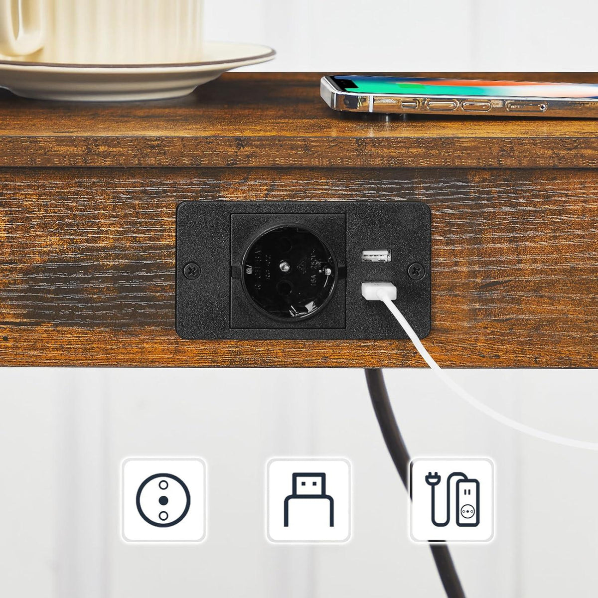 HOOBRO Beistelltische mit Ladestation und USB-Anschlüssen, 2er-Set, Vintagebraun/Schwarz