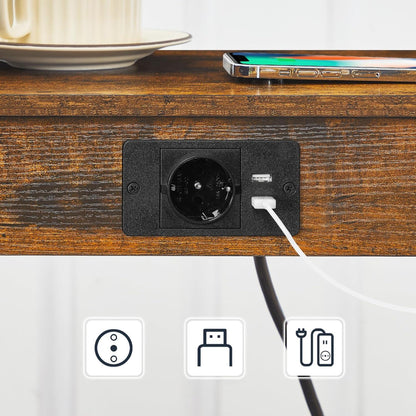 HOOBRO Beistelltische mit Ladestation und USB-Anschlüssen, 2er-Set, Vintagebraun/Schwarz