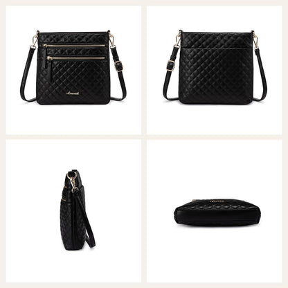 Damen Umhängetasche Crossbody PU Leder Schultertasche Mittelgroß Schwarz