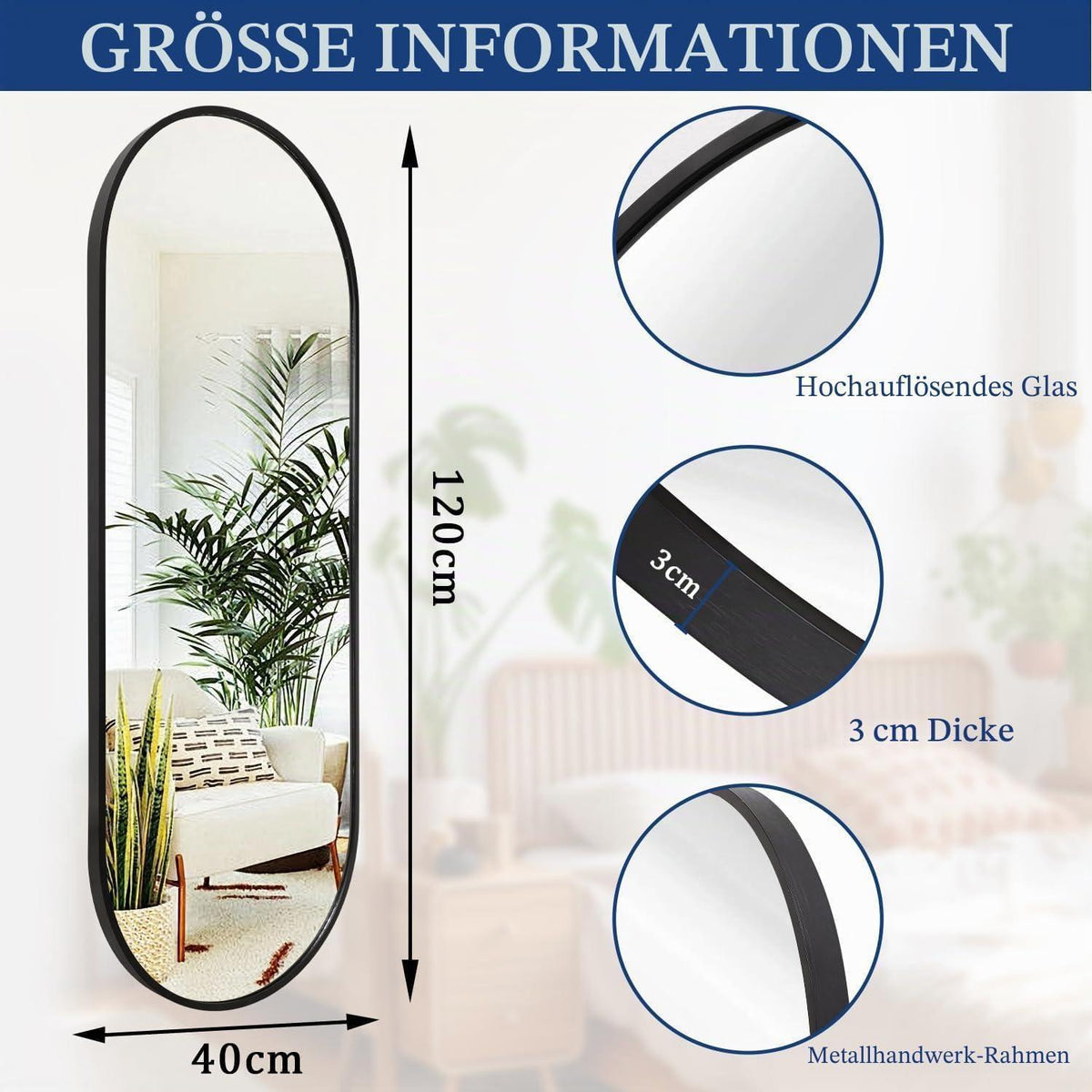 Ovaler Wandspiegel Schwarz 120x40cm – Badezimmer & Co.
