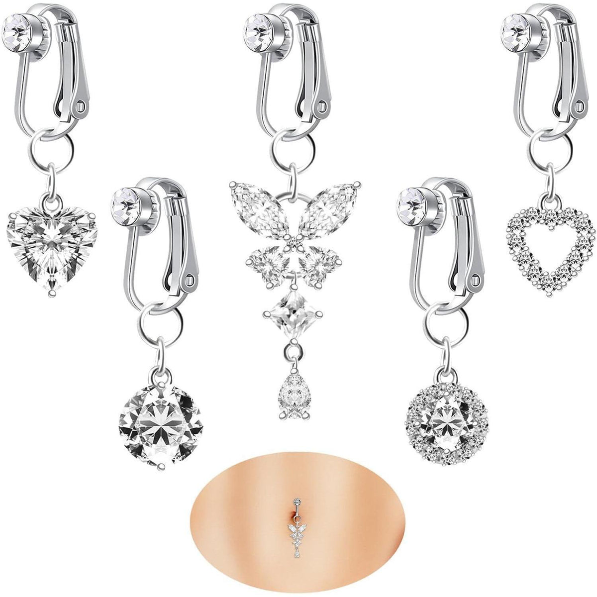 Fake Bauchnabelpiercing Set mit Clip, Herz Kristall Schmetterling Blume Anhänger