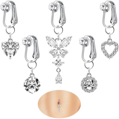 Fake Bauchnabelpiercing Set mit Clip, Herz Kristall Schmetterling Blume Anhänger