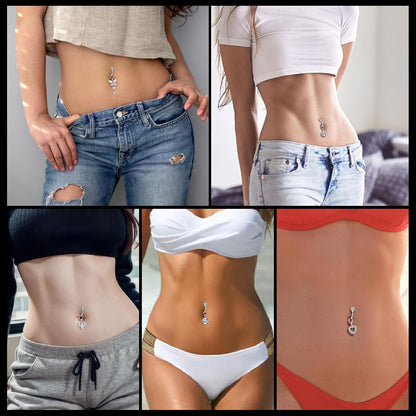 Fake Bauchnabelpiercing Set mit Clip, Herz Kristall Schmetterling Blume Anhänger