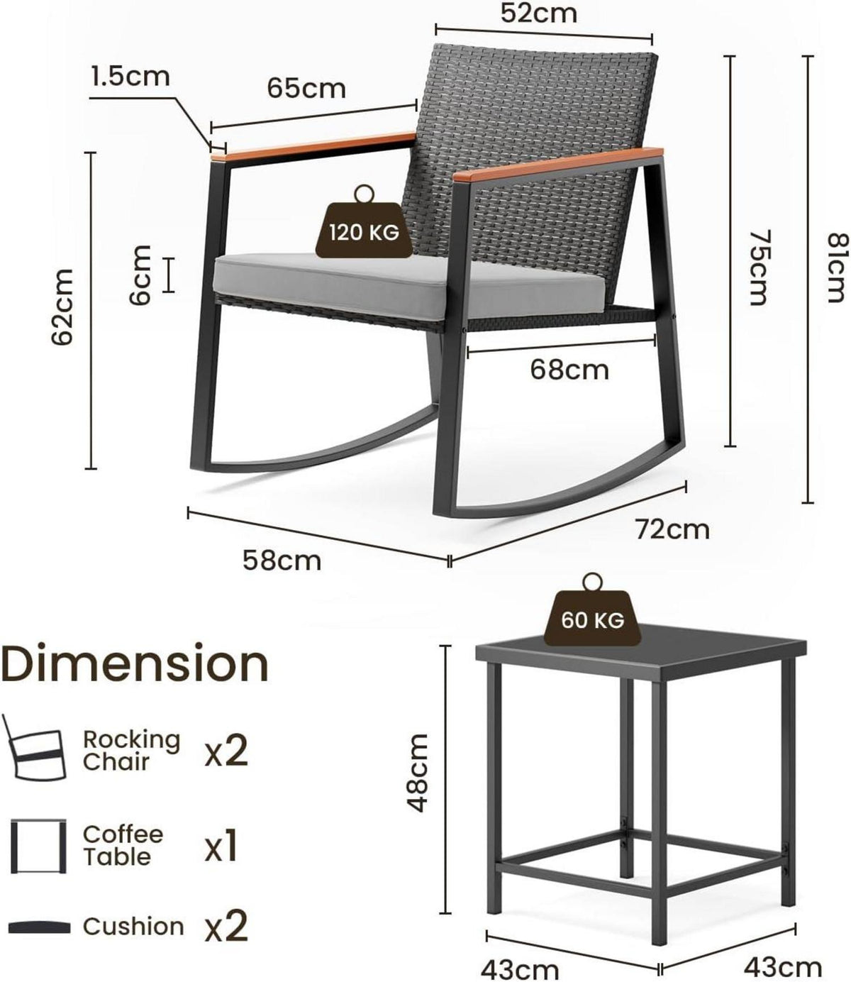 3-teiliges Rattan-Gartenmöbel-Set für Balkon und Terrasse, grau