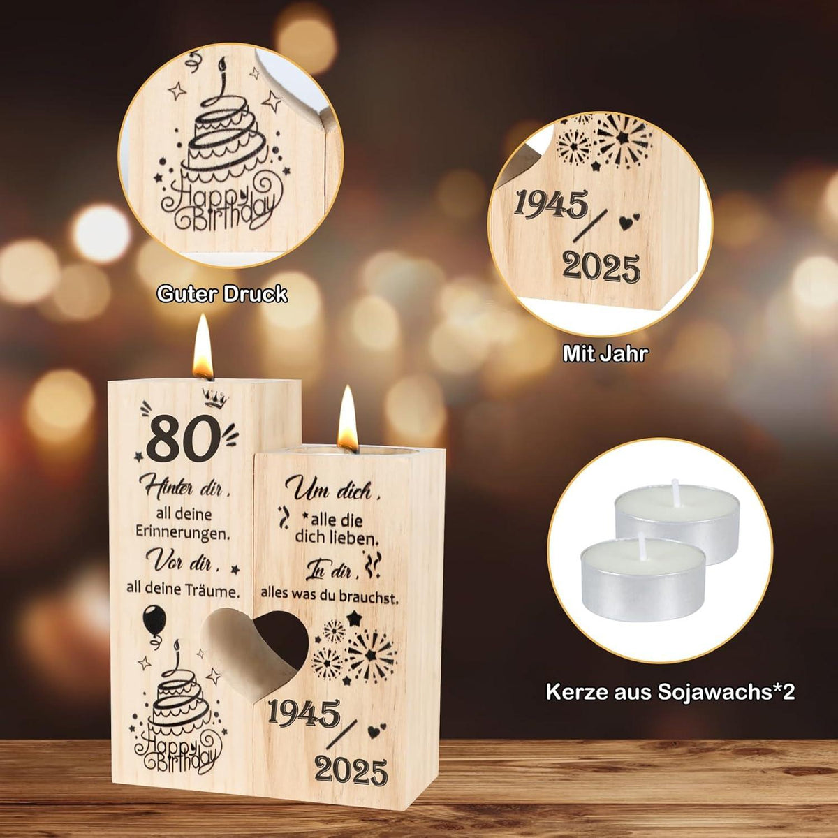 Geburtstag Deko 80 Frau Mann Holzkerzenständer Herzform
