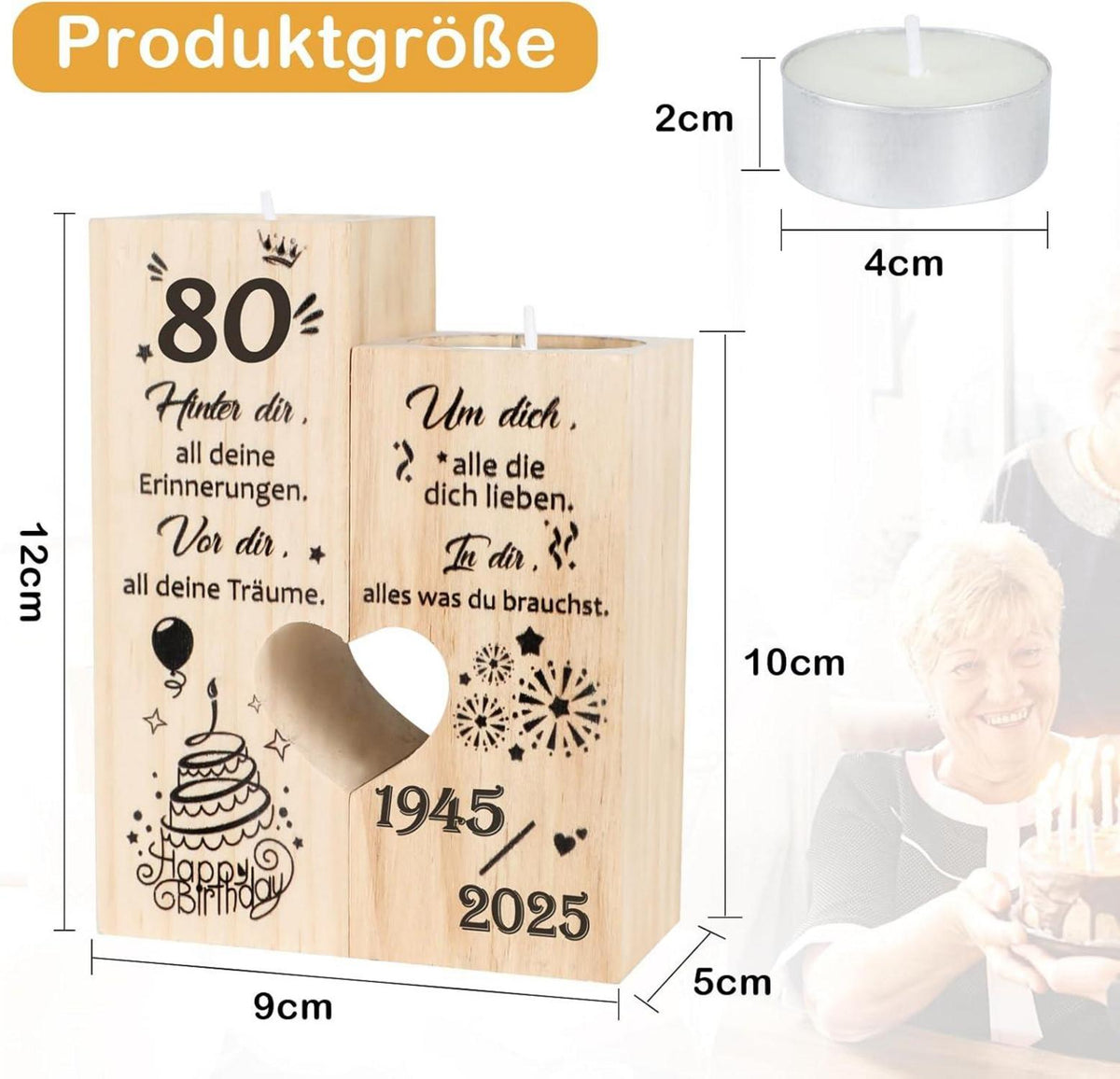 Kerzenständer Holz Herzform 80. Geburtstag Personalisiert 1945 - 2025
