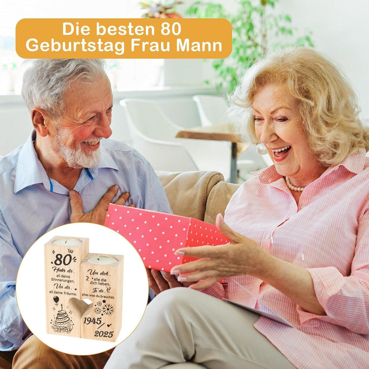 Personalisierter Herzform Kerzenständer Holz 80. Geburtstag Deko 1945-2025