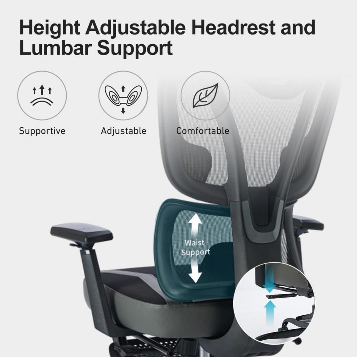 Ergonomischer Bürostuhl mit verstellbarer Lendenwirbelstütze & 3D-Armlehnen, Kopfstütze, Wippfunktion - 200KG