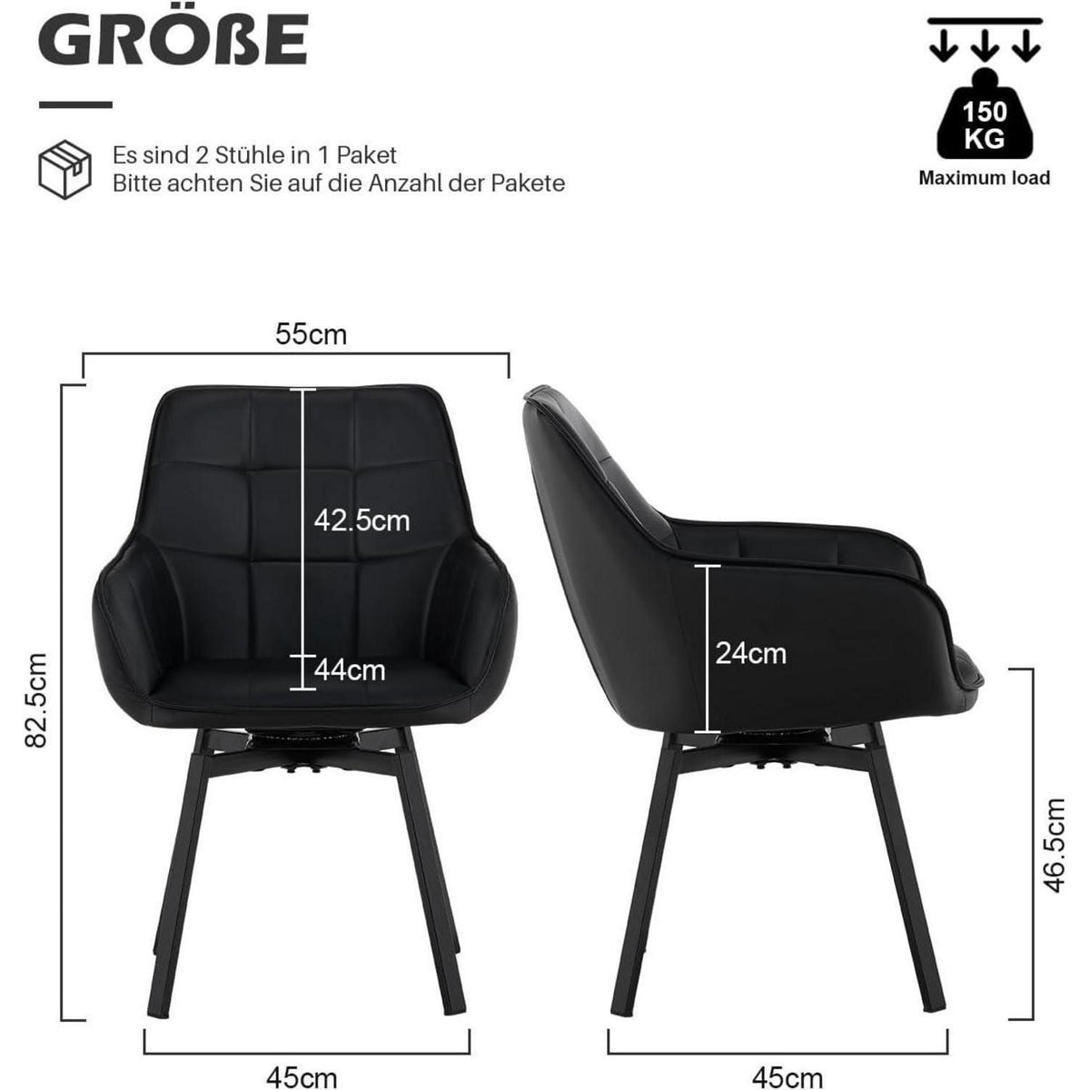 Drehbare Esszimmerstühle 2er Set Schwarz – & Komfort in Lederoptik