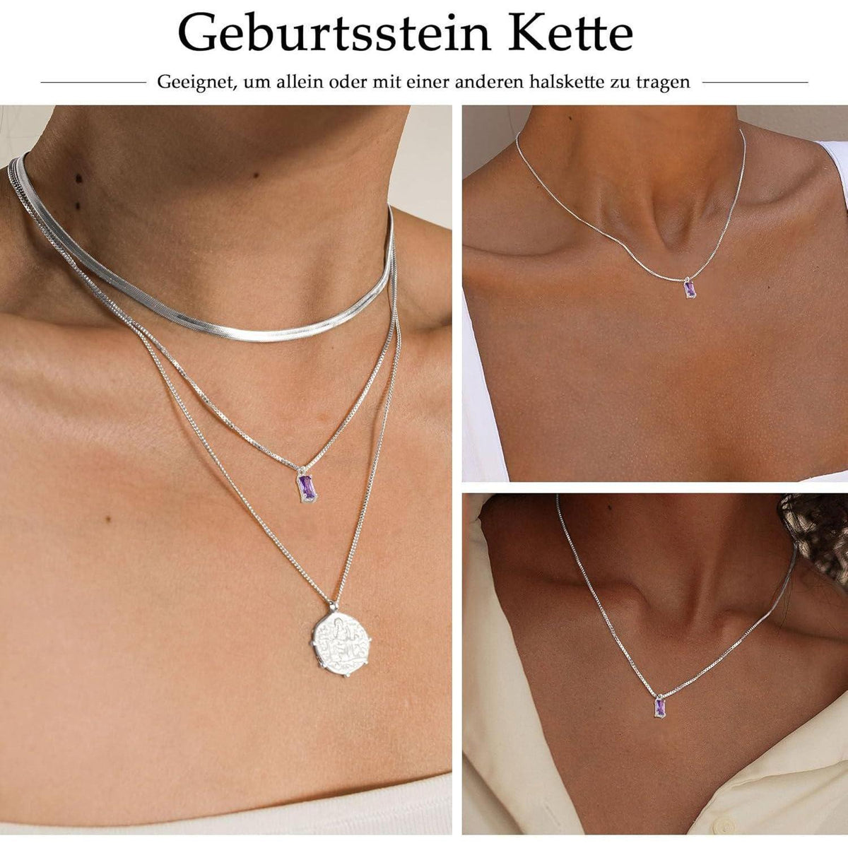 Geburtsstein Kette 925 Sterling Silber vergoldet Damen Februar