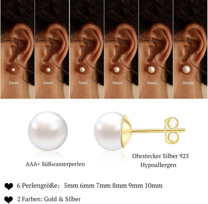 Perlen Ohrringe Silber 925 Stecker Damen Weiße Süßwasserperlen Ohrstecker Gold