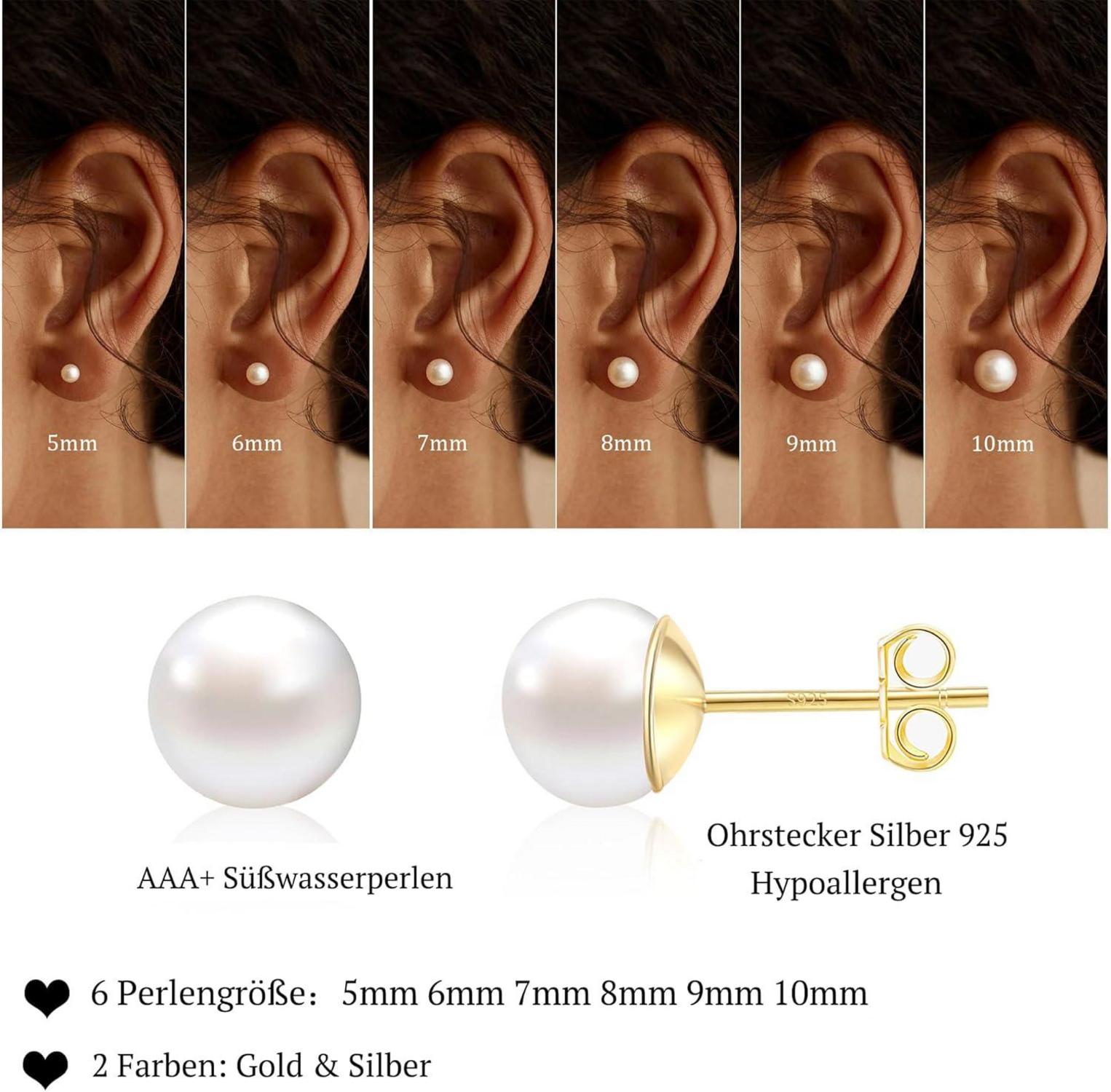 FUNEIA Perlen Ohrringe Silber 925 Stecker Weiße Süßwasserperlen Ohrstecker Gold