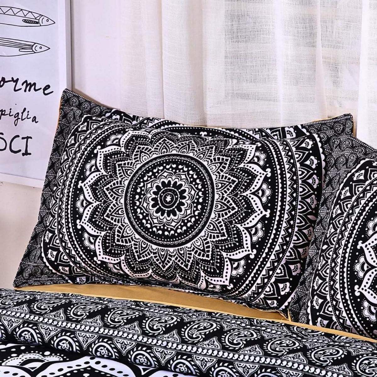 Boho Bettwäsche Set 135x200 Weiß Schwarz Blumen Mandala