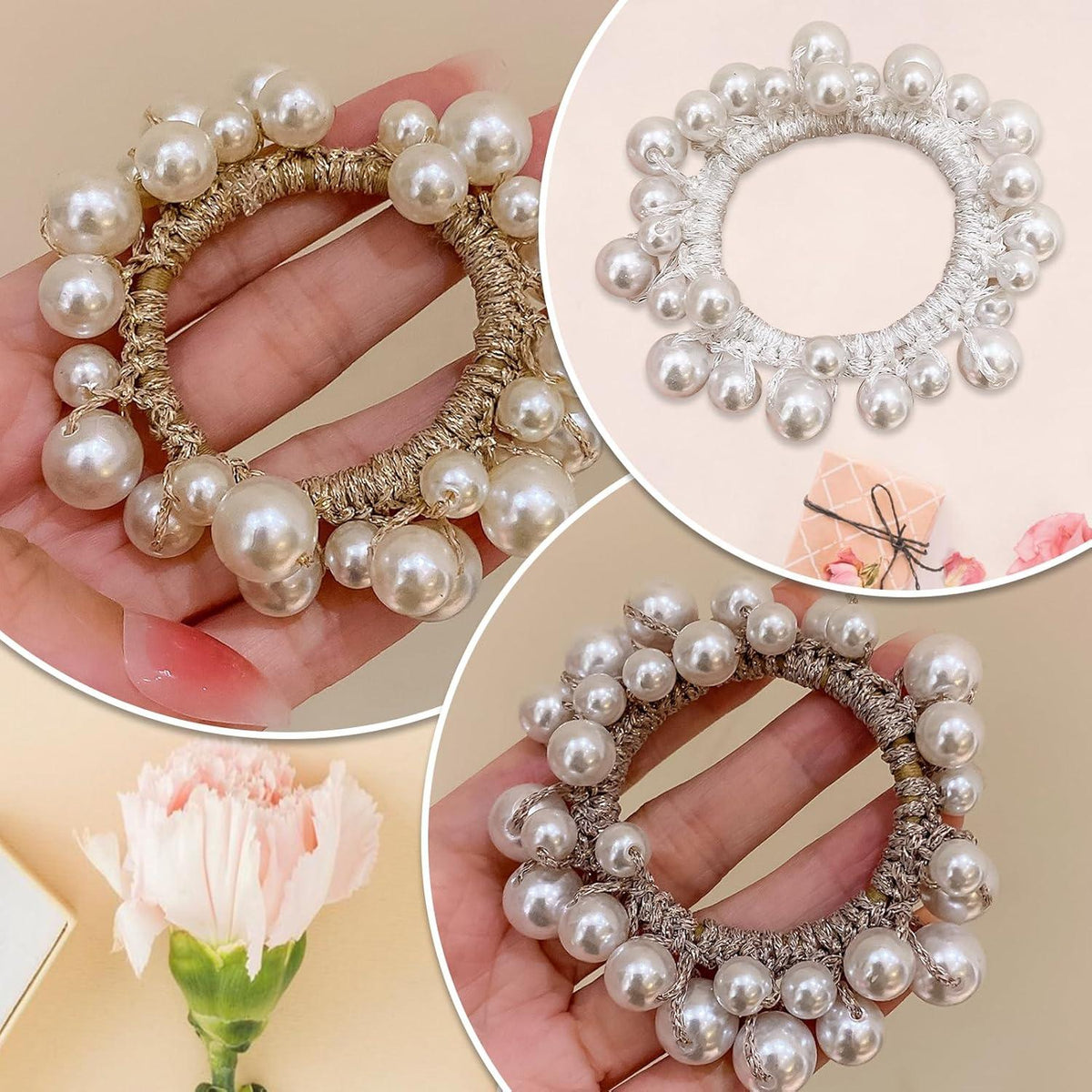 Perlen Haargummis 3er Set Damen Mädchen Volummi Elastisches Scrunchies Champagner Weiß Rosa Schmuck