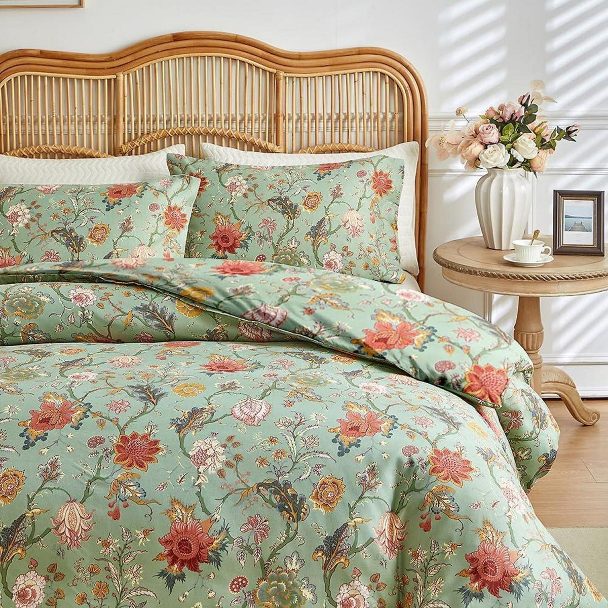 Bettwäsche-Set 200x220 cm, Vintage Blumenmuster Grün