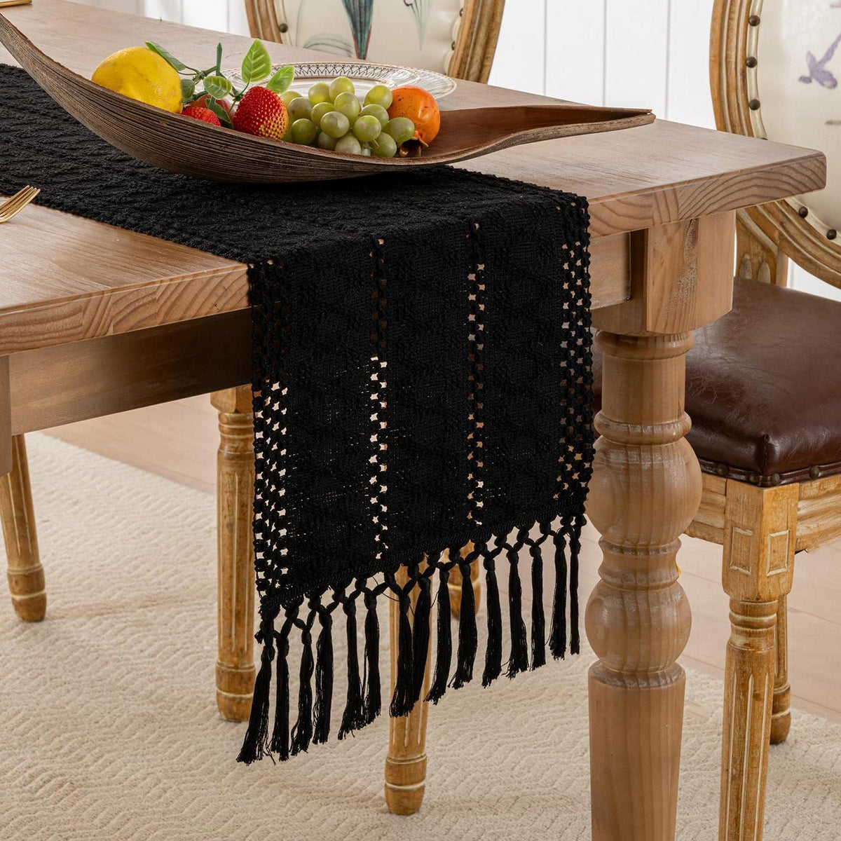 Tischläufer Schwarz Baumwolle Leinen Boho mit Quasten 30x140cm