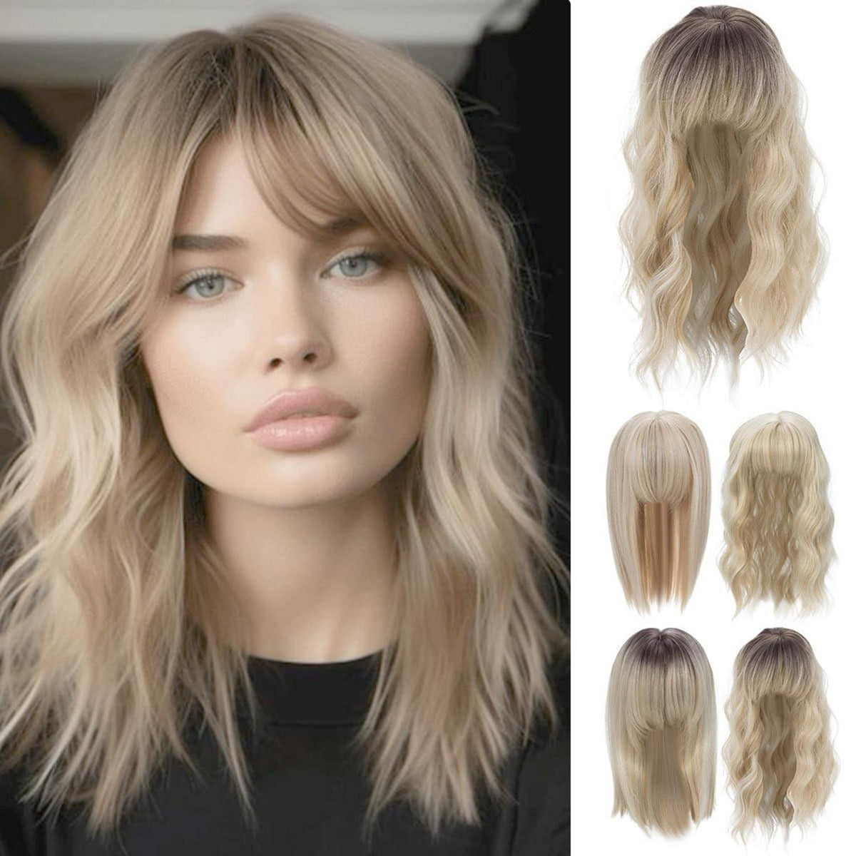 Haartopper mit Pony – Balayage Blond Welle 35cm
