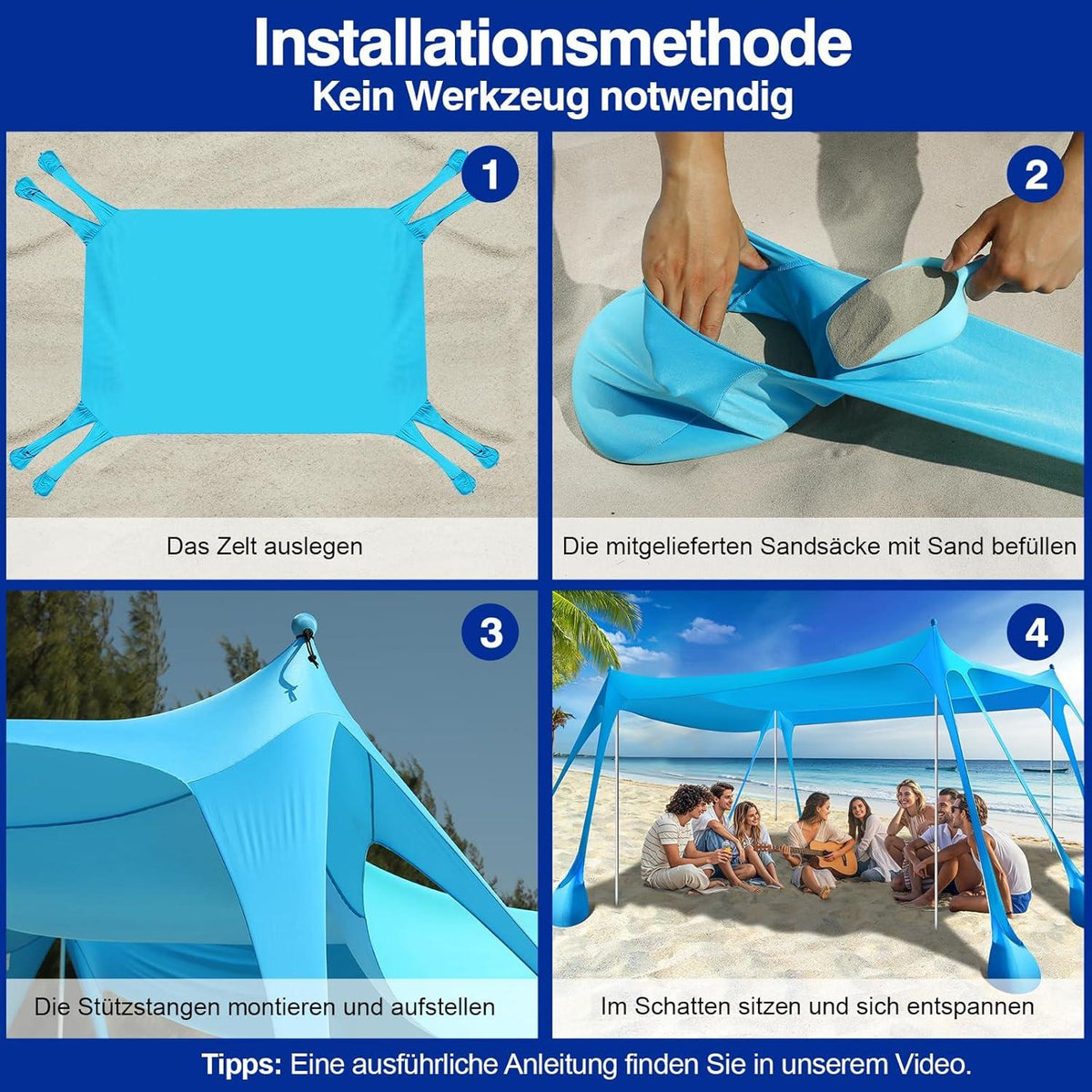 Rhino Valley Strandmuschel UPF50+ Sonnenschutz 8 Sandschaufeln 4 Stangen
